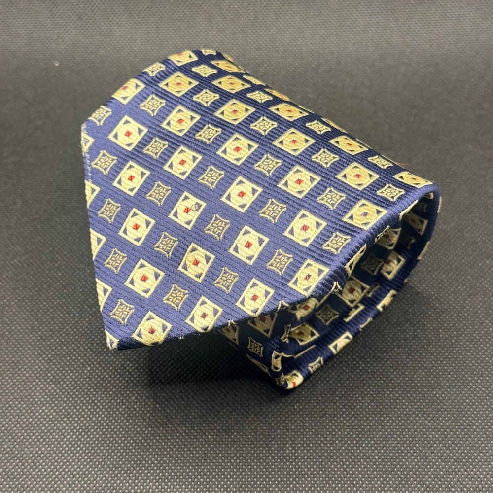Vintage Paul Stuart Navy Blue Geometric Medallion Silk Tie 4" x 58" Made in UK